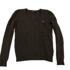 美品　RALPH LAUREN　ラルフローレン　ニット　セーター　ブラウン　Vネック　カシミヤ混　羊毛　ケーブルニット　サイズS　ポニー　刺繍