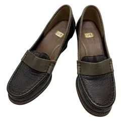 【美品】イング (23) パンプス ローファー モカシン ラウンドトゥ コンフォートシューズ チャンキーヒール シボ加工 本革 レザー 希少デザイン