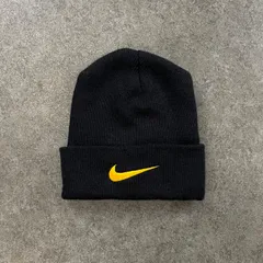 USA製 90s Vintage NIKE Beanie ナイキ ビーニー ニット帽 ニットキャップ スウォッシュ ロゴ 刺繍 バイカラー ユニセックス 小物 ブラック/イエロー ヴィンテージ ビンテージ