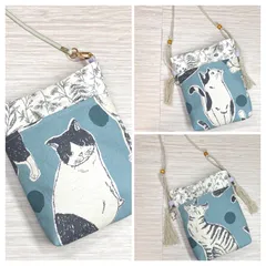スマホショルダー ポシェット ねこちゃん 花柄 サックス ☆ ハンドメイド  サコッシュ ポケットたくさん