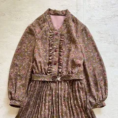 昭和レトロ 花柄プリーツ長袖ワンピース ベルト付 上品クラシックフリーサイズ