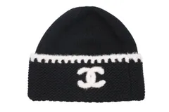 新品同様 CHANEL シャネル ニットキャップ ビーニー AA9203 ココマーク カシミヤ シルク ブラック アイボリー 中古 4b009985