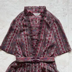昭和レトロ ワンピース ペイズリー柄 ボルドー　フリル襟 ウエストリボン付きJ2