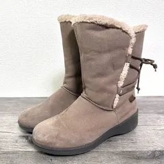美品 ing ムートン風 内ボアショートブーツ スエード調 バックレースアップ ラウンドトゥ/ウェッジヒール S 22-22.5cm グレージュ
