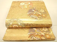 5k2433 袋帯　絹　正倉院文様　華文　金色　緑　花柄　和装　着物 5k2433 袋帯 絹 正倉院文様 華文 金色 緑 花柄 和装 着物 着物・浴衣