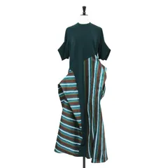 UN3D. アンスリード ワンピース グリーン サイズ:38(M) | 23秋冬 マルチストライプ ドッキング ワンピース | ロング 半袖 クルーネック アシンメトリー | トップス ドレス【レディース】【中古】