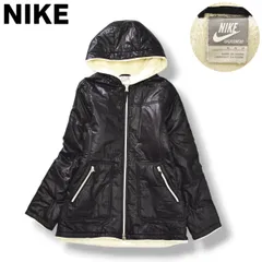 【極暖】 ナイキ NIKE フーデット ナイロン ジャケット 中綿 裏地 フリース ウィンドブレーカー ジャンパー ジップアップ M ブラック x ホワイト レディース ♪