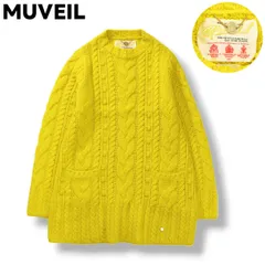 【希少】 日本製 ミュベール MUVEIL 混紡素材 ロング丈 長袖 ケーブル編み ニット セーター チュニック イエロー レディース ♪