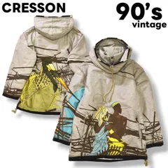90s ヴィンテージ クレッソン CRESSON プルオーバー フーデット ジャケット アノラック パーカー エスニック 民族 アニマル プリント 中綿 裏起毛 ボア フリース 11 総柄 グレー x ブラウン レトロ カジュアル レディース ♪