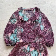 昭和レトロ 大花柄 ワンピース 紫 ピンク ブルー 七分袖　フレア ロング丈J2