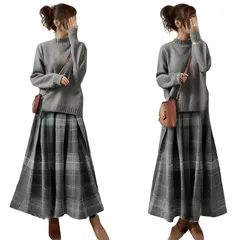 【新品】 [YUANYUAN] レディース ２点セット ニットセーター+チェック柄スカート 上下セット セットアップ スカートスーツ 秋服 冬服 ハイネック ギンガムチェック ロング丈 カジュアル ゆったり 可愛い オシャレ ギャザー 切り替え 春 秋 冬 1