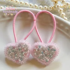 【キッズヘアゴム】ビーズ刺繍ハート 2つセット｜パステルピンク｜キラキラゆめかわ｜プレゼント・入園準備にも♡