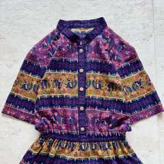 昭和レトロ 民族調 幾何学模様 ワンピース 紫 半袖 ロング丈 ゆったりJ2