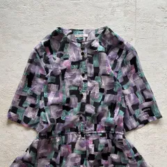 レトロヴィンテージアート柄ロングワンピース半袖 ウエスト切替上品カラー11号K1
