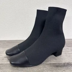 美品 EVOL ニットショートブーツ フェイクレザー切替 ソックスブーツ スクエアトゥ/チャンキーヒール ブラック 24.5cm