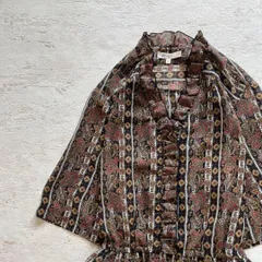 昭和レトロペイズリー柄半袖ロングワンピースフリルネックブラウン19号ゆったりD