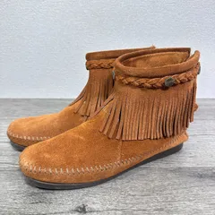 ミネトンカ HI TOP BACK ZIP BOOT 292 ウエスタンモチーフ 編み込み×コンチョ×フリンジ バックジップ ショートブーツ 薄底 ブラウンスエード US8 25cm Y2K
