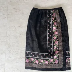 昭和レトロ花柄ミモレ丈巻きスカート透かし模様ブラックフリーサイズY1