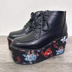 訳あり YOSUKE 厚底レースアップブーツ アンクルブーツ ラウンドトゥ/ウェッジソール ブラック×総柄ソール 虎 龍 S 22.5cm