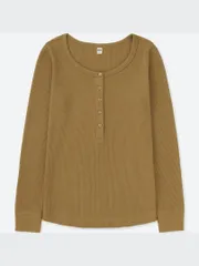 ワッフルヘンリーネックT（長袖）／ベージュXL