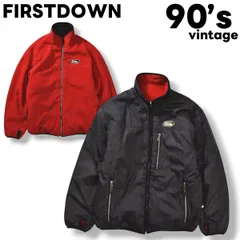 90s ヴィンテージ ファーストダウン FIRSTDOWN 2way リバーシブル 中綿 フリース ナイロン ジャケット ジャンパー ブルゾン ウィンドブレーカー ジップアップ L ブラック x レッド アウトドア カジュアル ウェア メンズ
