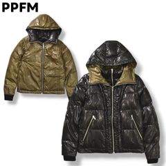 【美品】 PPFM ピーピーエフエム リバーシブル フーデット ダウン ジャケット ダブルジップ キルティング ウィンドブレーカー 袖着脱 ベスト ジャンパー ブルゾン M ブラック x オリーブ メンズ