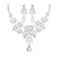 【新品】 [Doyime] ブライダル ネックレス ピアス (2点セット) レディース 結婚式 花嫁 イヤリング セット キラキラ クリスタル 誕生日 発表会 母の日 クリスマス プレゼント アクセサリー シルバー 0
