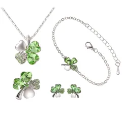 【新品】 [Phoenix] 四つ葉のクローバー ネックレス ＆ ブレスレット ＆ ピアス ＆ ブローチ 計 4種セット ジュエリー ファッション アクセサリー レディース 合金 人工水晶 エレガント 幸せな 幸運 四つ葉 クローバー フラワー ネックレス 1