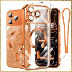 ☆彡送料無料でお届け☆彡Size:iPhone17Pro_Color:オレンジ iPhone 17 Pro 用 ケース クリア MagSafe対応 マグネット搭載 2枚 HDフィルム付き キラキラ グリッターカード ストラップ付き アイフォン 17 プロ カバ