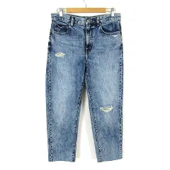 ユニクロ UNIQLO スラウチ テーパード アンクル ジーンズ デニムパンツ リラックス テーパード ダメージ ウォッシュ加工 カットオフ 26 インディゴブルー