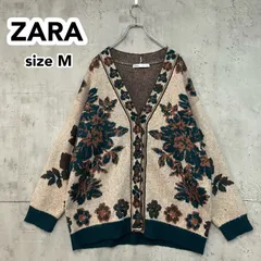 ZARA ザラ 希少 レトロ Vネック カーディガン 花柄 ニット ジャガード L ユニセックス ビッグシルエット オーバーサイズ ゆったり モヘアライク 肉厚 あぜ編み アメカジ モード ストリート カジュアル 90s vintage ★ ◇■