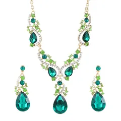 【新品】 VJK レディース ジュエリーセット エメラルドグリーン ティアドロップ ペンダント ネックレス ダングル ドロップ イヤリング ダングリングセット キラキラ ラインストーン 誕生日 記念日 結婚式 母の日 ブライズメイド ギフト, 中型, 亜鉛 0