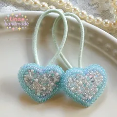 【キッズヘアゴム】ビーズ刺繍ハート 2つセット｜パステルピンク｜キラキラゆめかわ｜プレゼント・入園準備にも♡