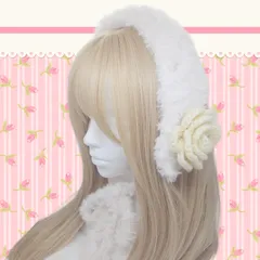 ハンドメイド　イヤーマフ　ヘッドドレス　ファー　オフホワイト　白　バラ　アイボリー　ロリィタ　編み物　かぎ針編み　手編み