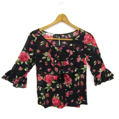 ナラカミーチェ ブラウス シャツ トップス 五分袖 花柄 クリーニング済み レディース Oサイズ 黒×赤 NARACAMICIE 【中古】