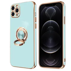 iPhone 12 Pro Max ケース リング付き アイフォン12Pro Max リング カバー 全面保護 スマホケース TPU 耐衝撃 スタンド機能 車載スタンド対応 ストラップホール付き 擦り傷防止 メッキ加工 6.7インチ（イトシアン）