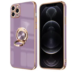 iPhone 12 Pro ケース リング付き アイフォン12Pro リング カバー 全面保護 スマホケース TPU 耐衝撃 スタンド機能 車載スタンド対応 ストラップホール付き 擦り傷防止 メッキ加工 6.1インチ（パープル）