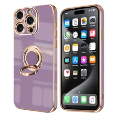 iPhone 15 Pro ケース リング付き アイフォン15Pro リング カバー 全面保護 スマホケース TPU 耐衝撃 スタンド機能 車載スタンド対応 ストラップホール付き 擦り傷防止 メッキ加工 6.1インチ（パープル）
