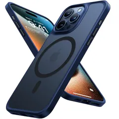 【米軍規格・Magsafe対応】TORRAS iPhone15pro 用 ケース 半透明 マグネット搭載 耐衝撃 マット感 黄ばみなし ストラップホール付き ワイアレス充電対応 Guardian-Mag ブルー