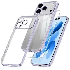 iPhone 17 Pro Max 用 ケース クリア ガラスフィルム アイフォン 17 ProMaxカバー iphone17ProMax スマホケース 透明 TPUバンパー 薄型 ストラップホール付き ワイヤレス充電対応 6 .9インチ クリアケース 薄紫