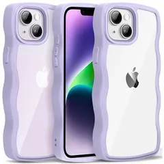 iPhone 14 ケース クリア ウェーブ おしゃれ 韓国 かわいい 可愛い アイフォン14 スマホケース 人気 シンプル 滑り止め 薄型 軽量 耐衝撃 指紋防止 レンズ保護 ストラップホール付き シリコン 透明（パープル）