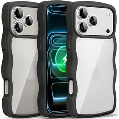 iPhone 17 Pro Max 用 ケース クリア ウェーブ おしゃれ 韓国 かわいい 可愛い アイフォン 17 Pro Max 用 スマホケース 人気 滑り止め 薄型 軽量 耐衝撃 ストラップホール付き シリコン 透明（ブラック）