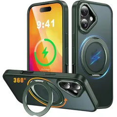 iPhone 16 用 ケース Magsafe対応 ワイヤレス充電 360°回転スタンド 縦横両対応 Gunwon スマホケース iphone16 用 米軍規格 耐衝撃 半透明 マット感 マグセーフ 防指紋 リング マグネット搭載 アイフォン16 用 カバー「