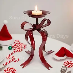キャンドルホルダー クリスマス雑貨 赤いリボンデザイン メタリック テーブル装飾 美しい エレガント 可愛い おしゃれ インテリア 北欧 パーティー デコレーション 金属製 19×22cm