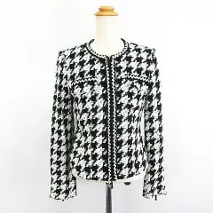 ミッシェルクラン MICHEL KLEIN ノーカラージャケット アウター 長袖 ツイード 千鳥格子 ジップアップ ウール混 38 ブラック×ホワイト ※EKM