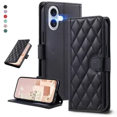 UnivoColors iPhone 16 Plus キルティグレザー調 手帳型ケース エレガント 高質PU マグネット開閉式 カード収納機能 スタンド機能 液晶全面保護 レンズ保護 ストラップ付属(ブラック)