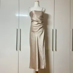 サテン ノースリーブ シャーリング ロング スリット スリップ ONE PIECE