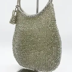 【美品】チェーンバッグ メタリック シルバー ビーズバッグ ハンドルバッグ