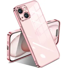 iPhone 15 用 ケース クリア 耐衝撃 透明 アイフォン15 カバー メッキ加工 完全な保護 黄変防止 落下防止 ファッション 薄型 軽量 TPU 柔らかい ワイヤレス充電 人気 保護カバー(ローズゴールド)