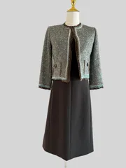 極美品★★FOXEY/フォクシー フォクシー スパンコール ツイードジャケット ワンピース　グリーン系×ブラウン系38